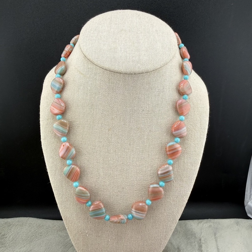 Vintage Polished Stone Necklace Pink‎ Blue Sunrise Beaded 19"